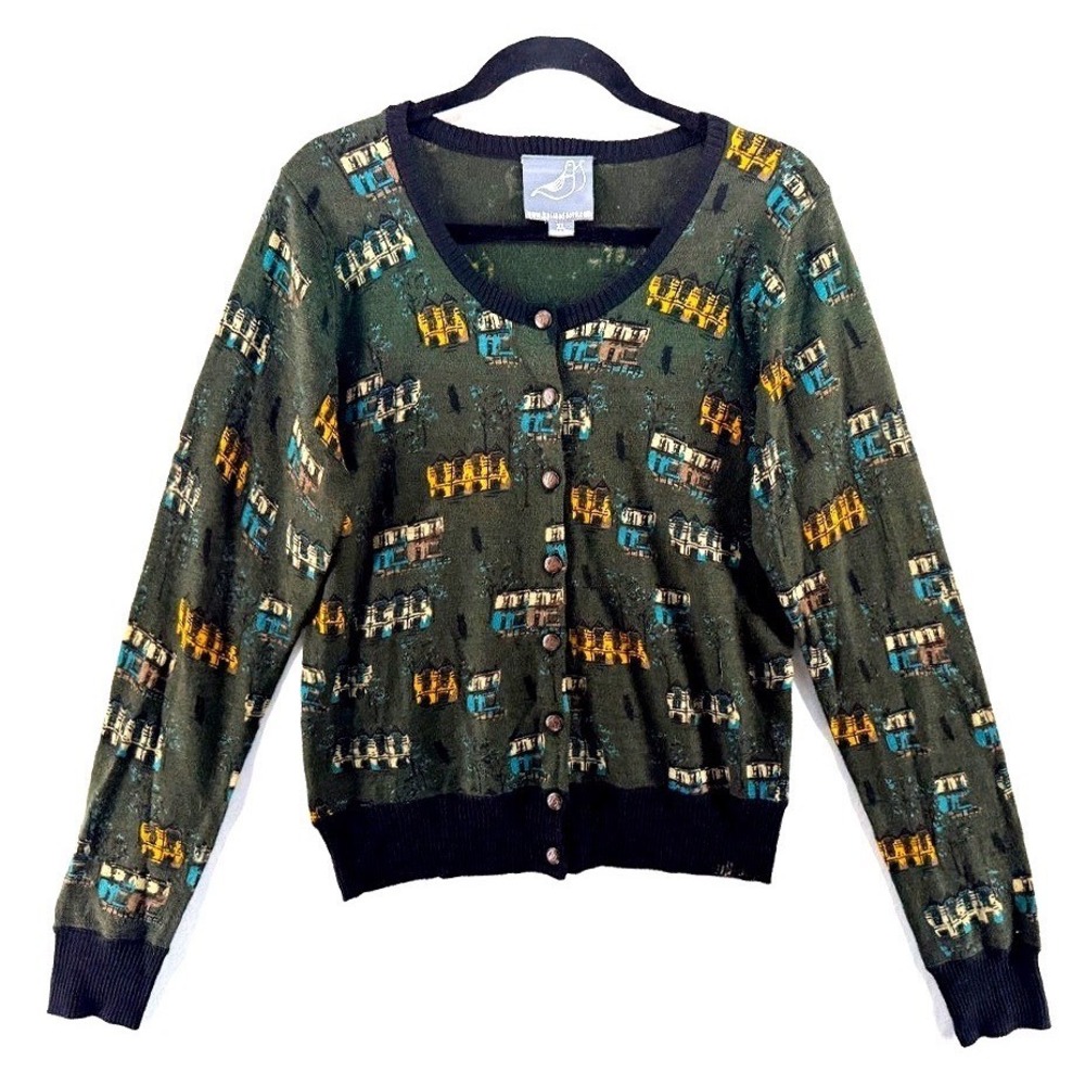 Fall Harvest House Black Cat Motif Wool Blend Cardigan XL Dark Academia Granny